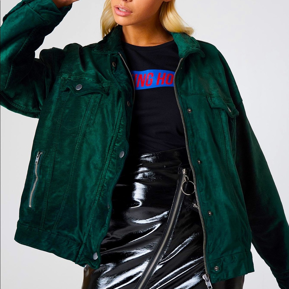 Free People Velvet Trucker Jacket in Jade Green